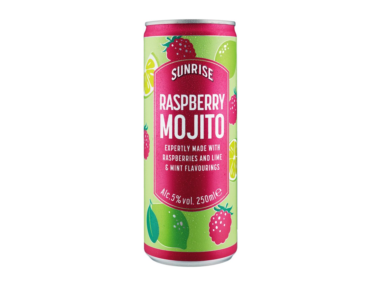 Raspberry Mojito alcoholic drink in a can, with raspberries and lime illustrations.