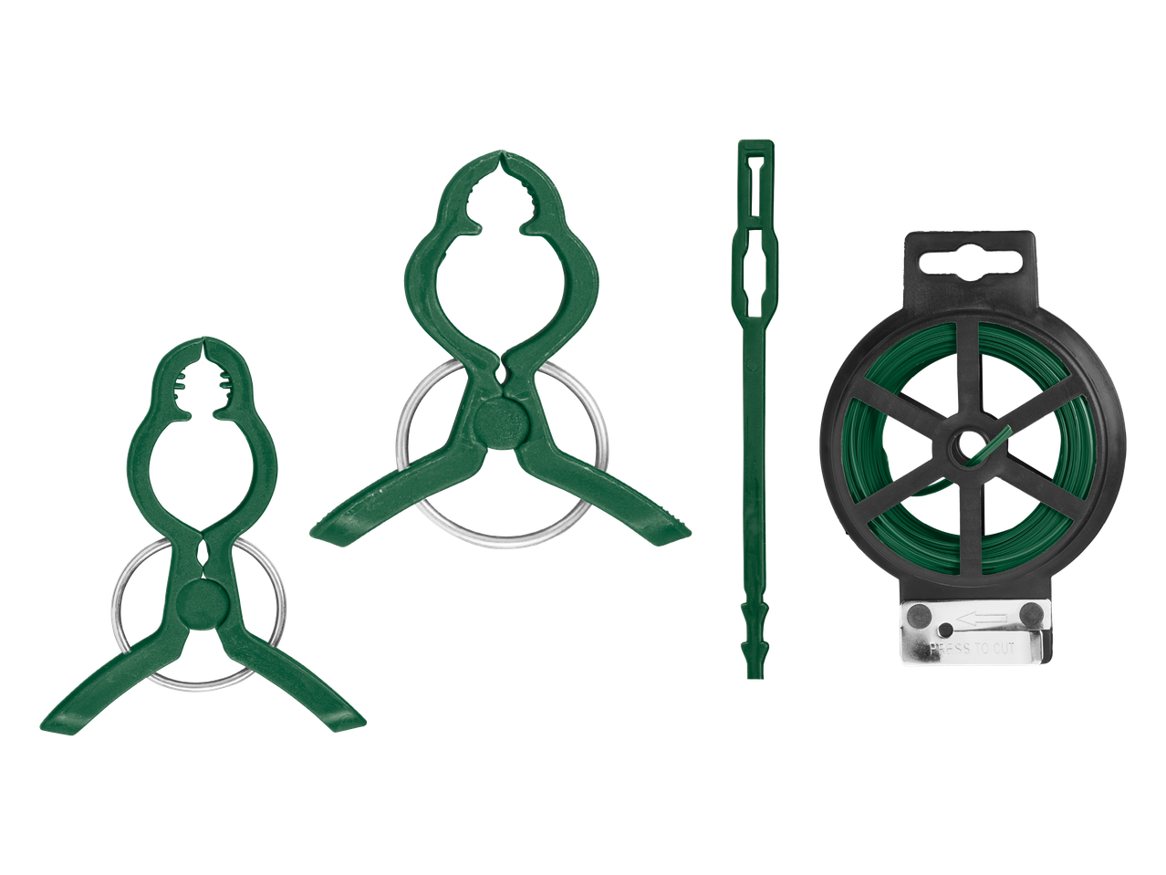 Zelene vrtne kopče, vezice i žica za vezanje biljaka.