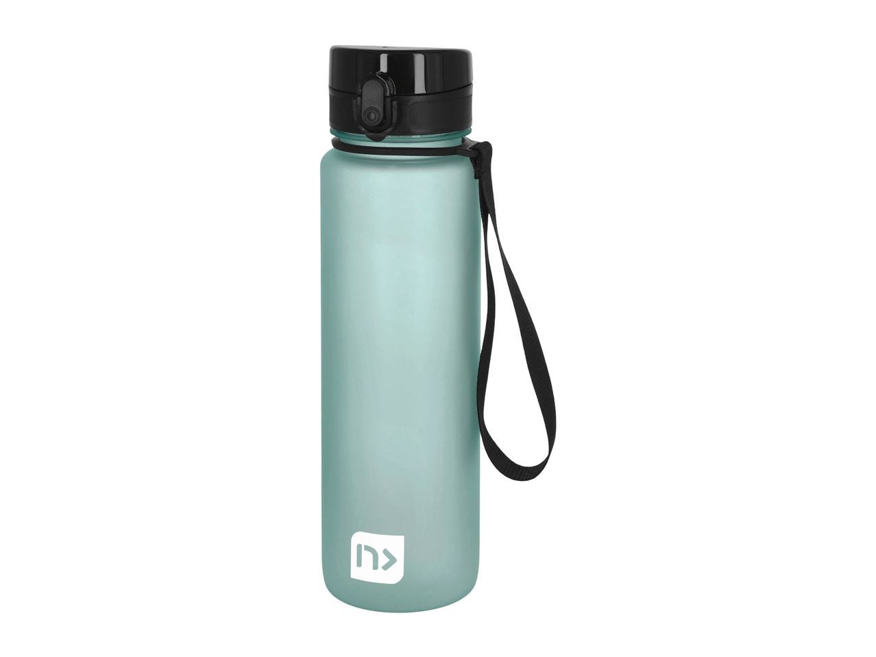 Light blue water bottle with a black lid and strap, featuring a white logo.