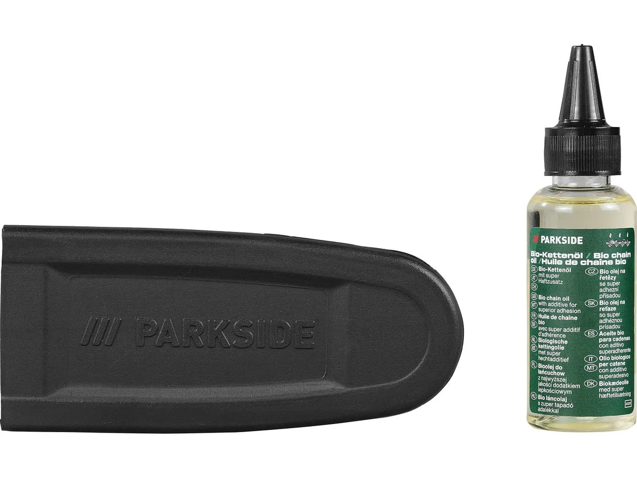 Parkside bio chain oil and a black chainsaw bar cover.