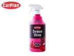 Pink spray bottle of car shine product with a devil character and text 