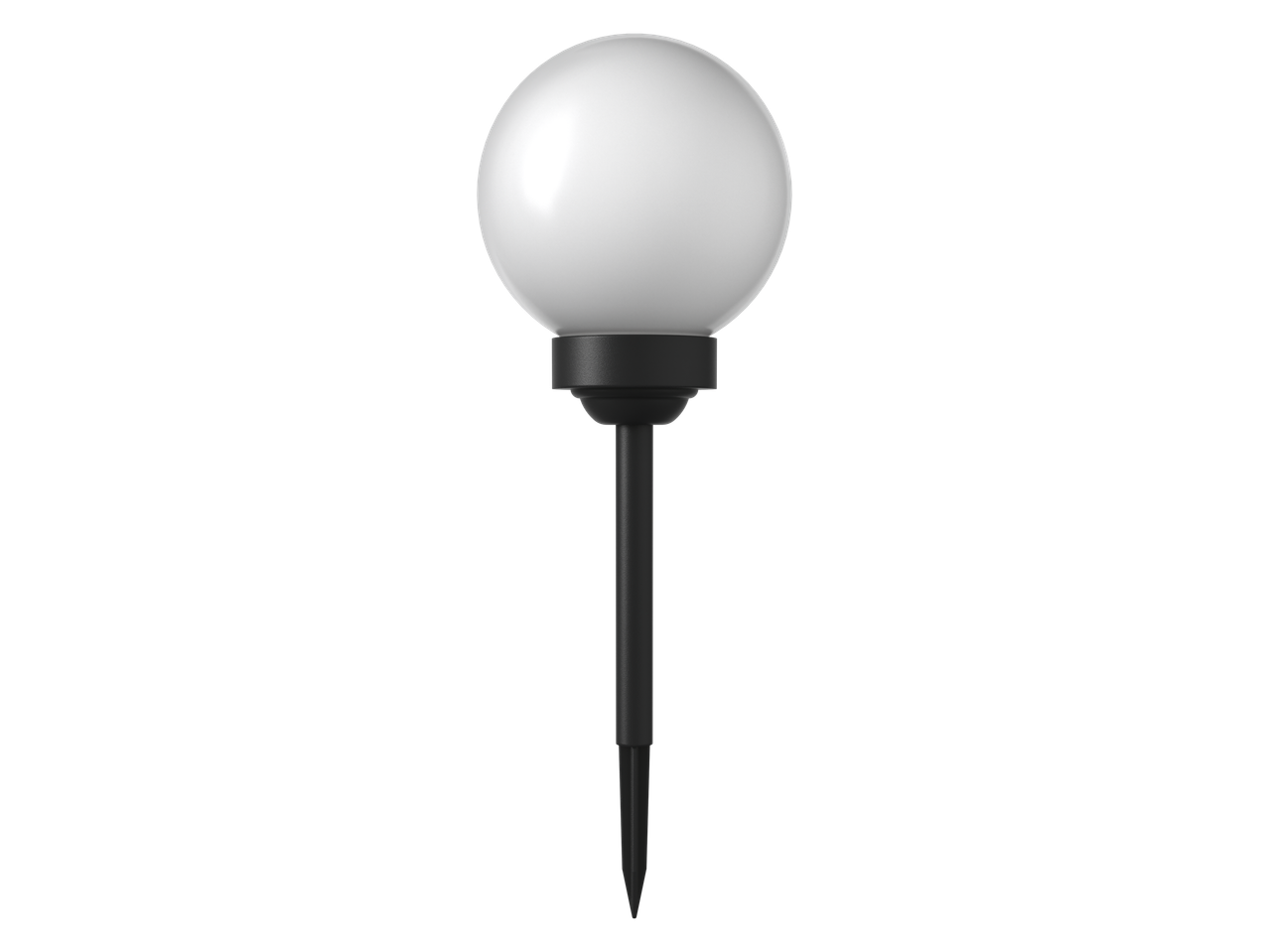 Lampe de jardin sphérique blanche sur un piquet noir.