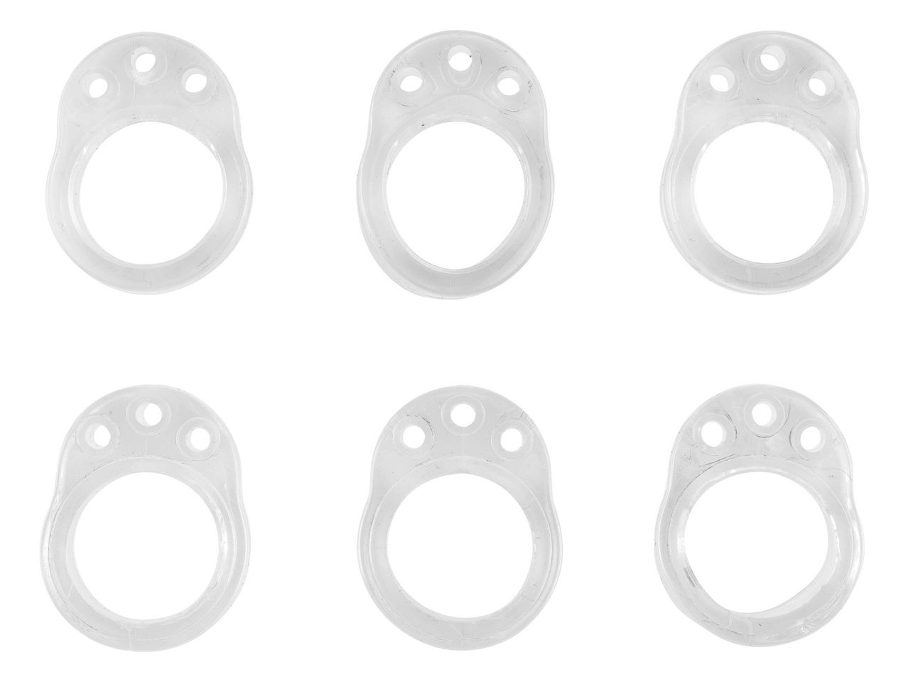 Six clear plastic rings with three small holes at the top, arranged in two rows of three.