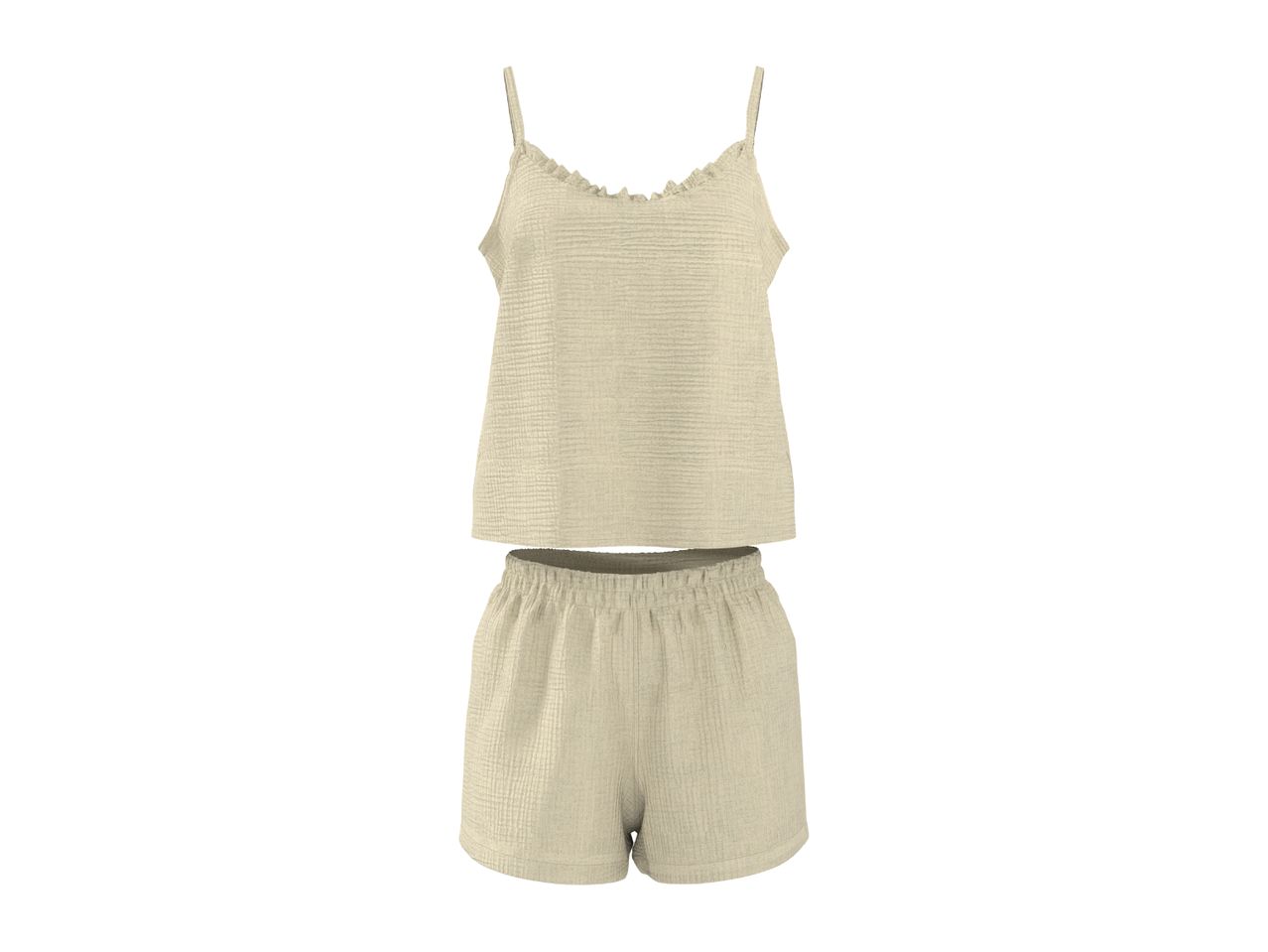 Light beige women's pajama set with a ruffled camisole top and elastic-waist shorts.