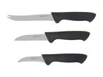 Three stainless steel knives with black handles, including a cheese knife, a utility knife, and a paring knife.