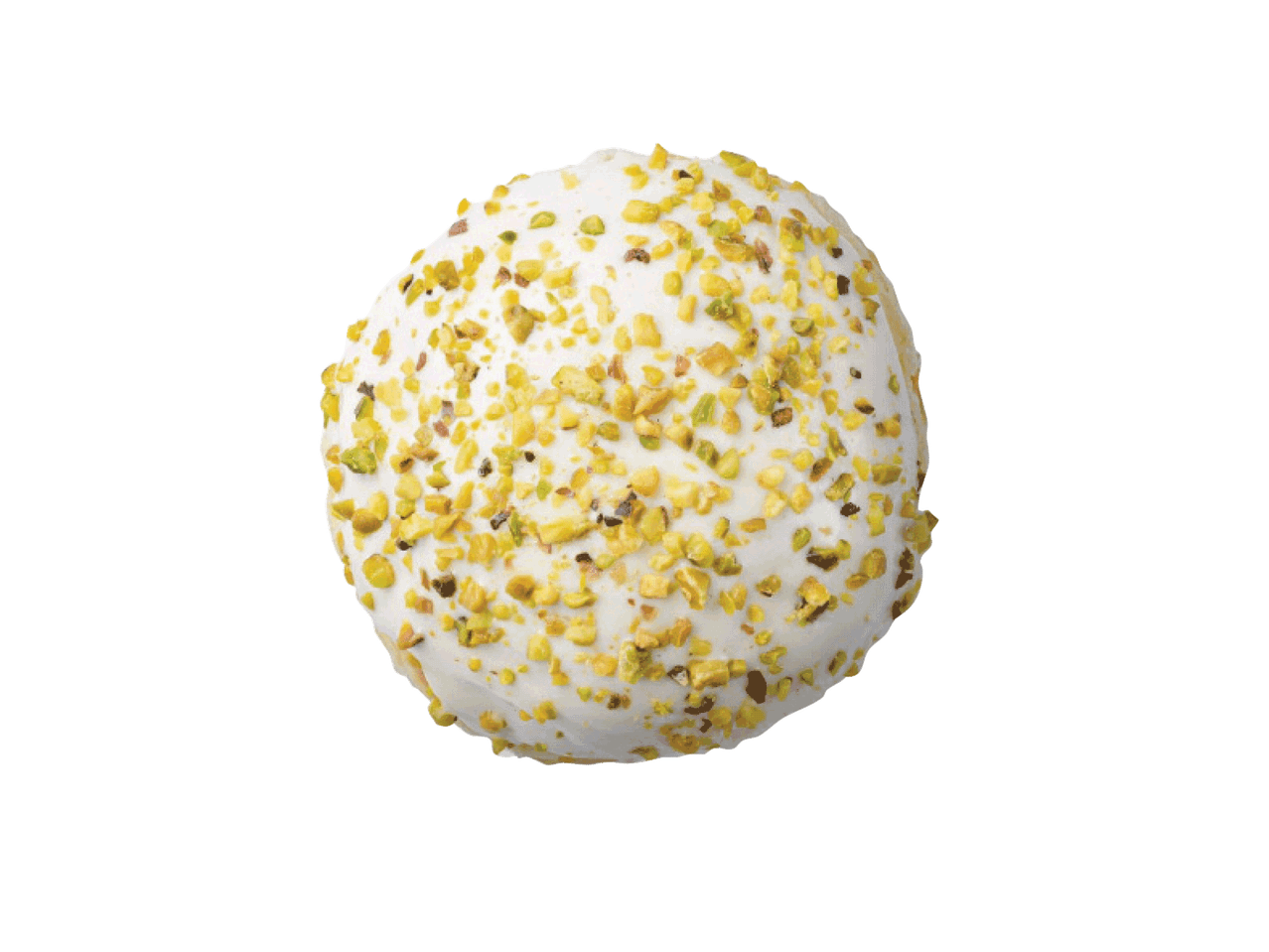 Apvalus baltas desertas, apibarstytas smulkintais pistacijų riešutais.