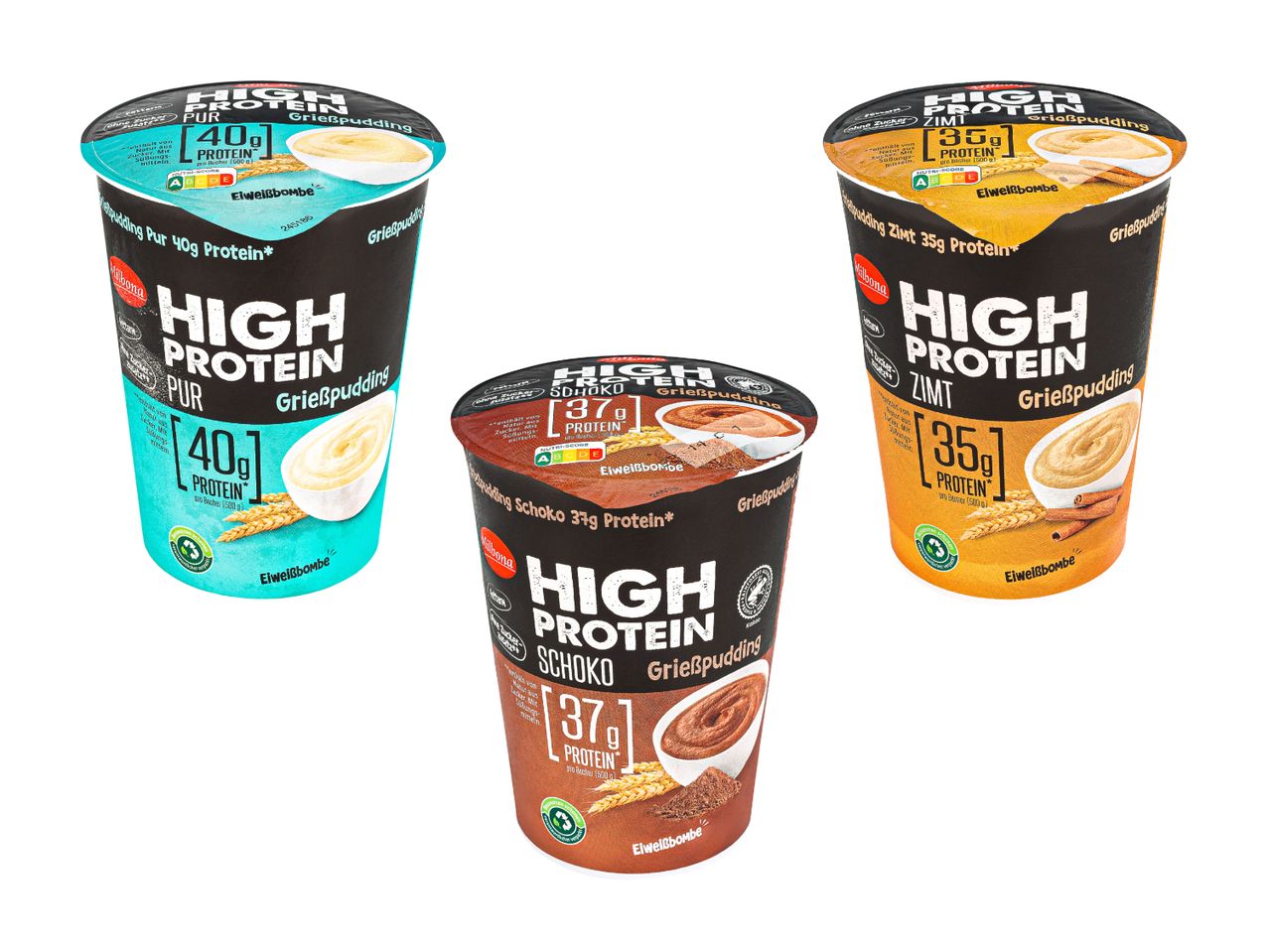 Drei Becher Parmalat High Protein Joghurt in verschiedenen Geschmacksrichtungen.