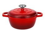 Red cast iron casserole dish with lid and silver knob.
