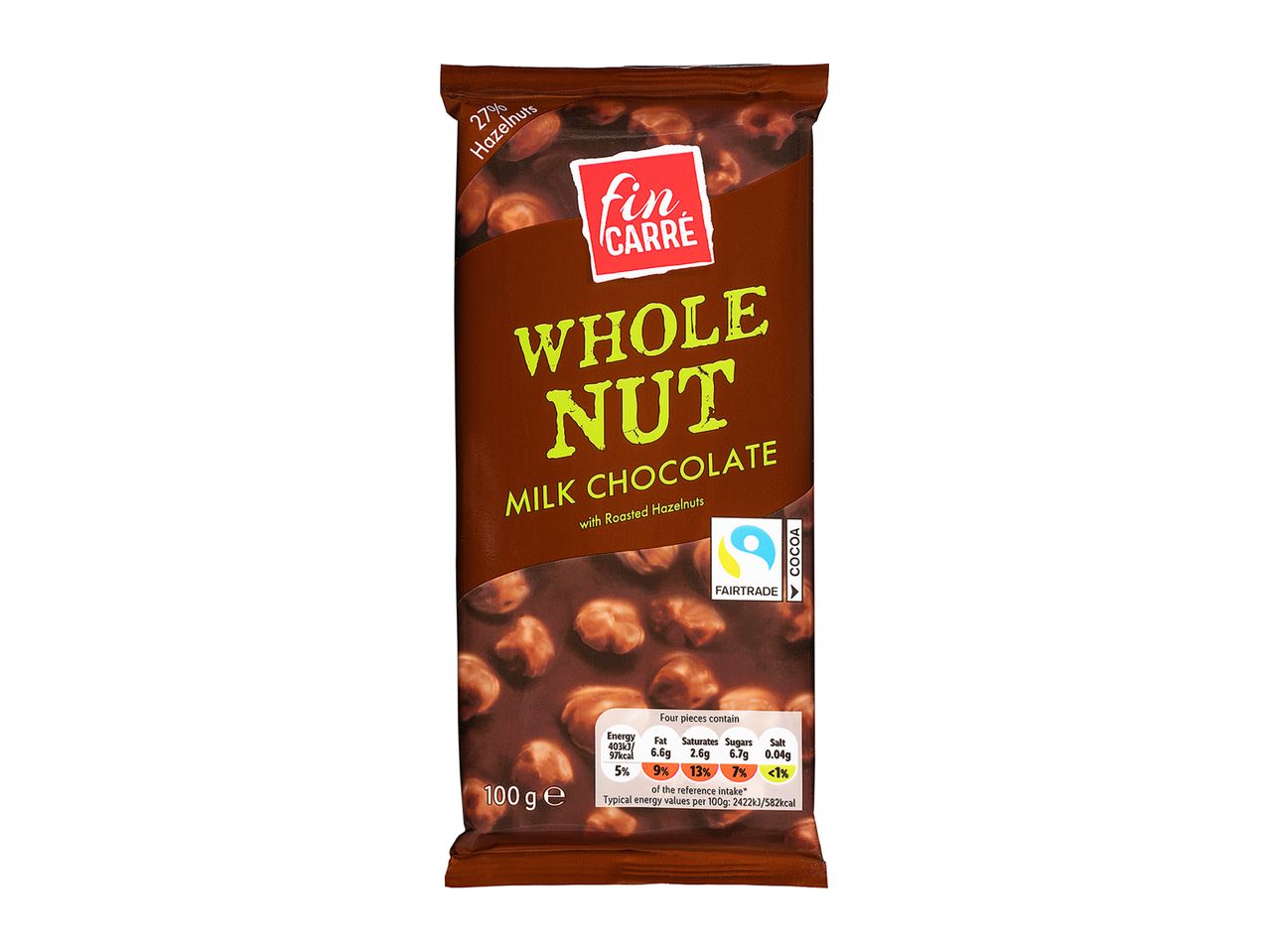 Fin Carre milk chocolate with whole hazelnuts.