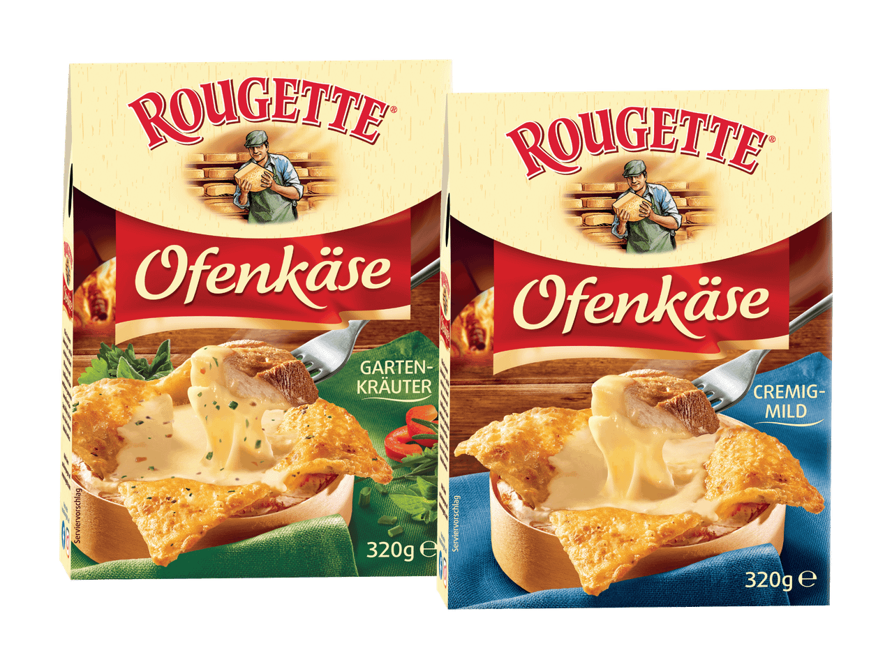 Zwei Packungen Rougette Ofenkäse, eine mit Gartenkräutern und eine cremig-mild.