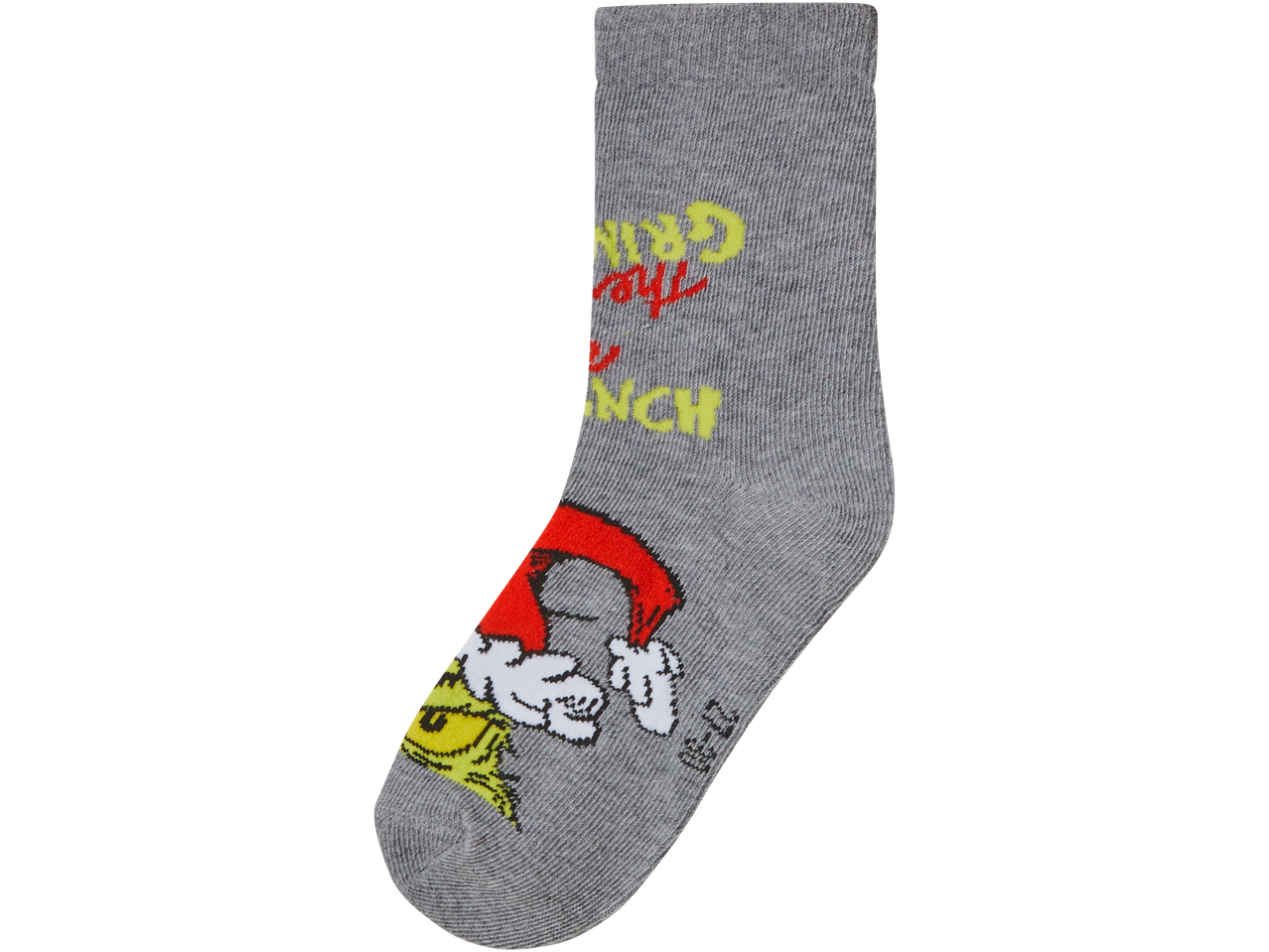 Pilka vaikiška kojinė su Grinčo motyvu ir užrašu „The Grinch“.