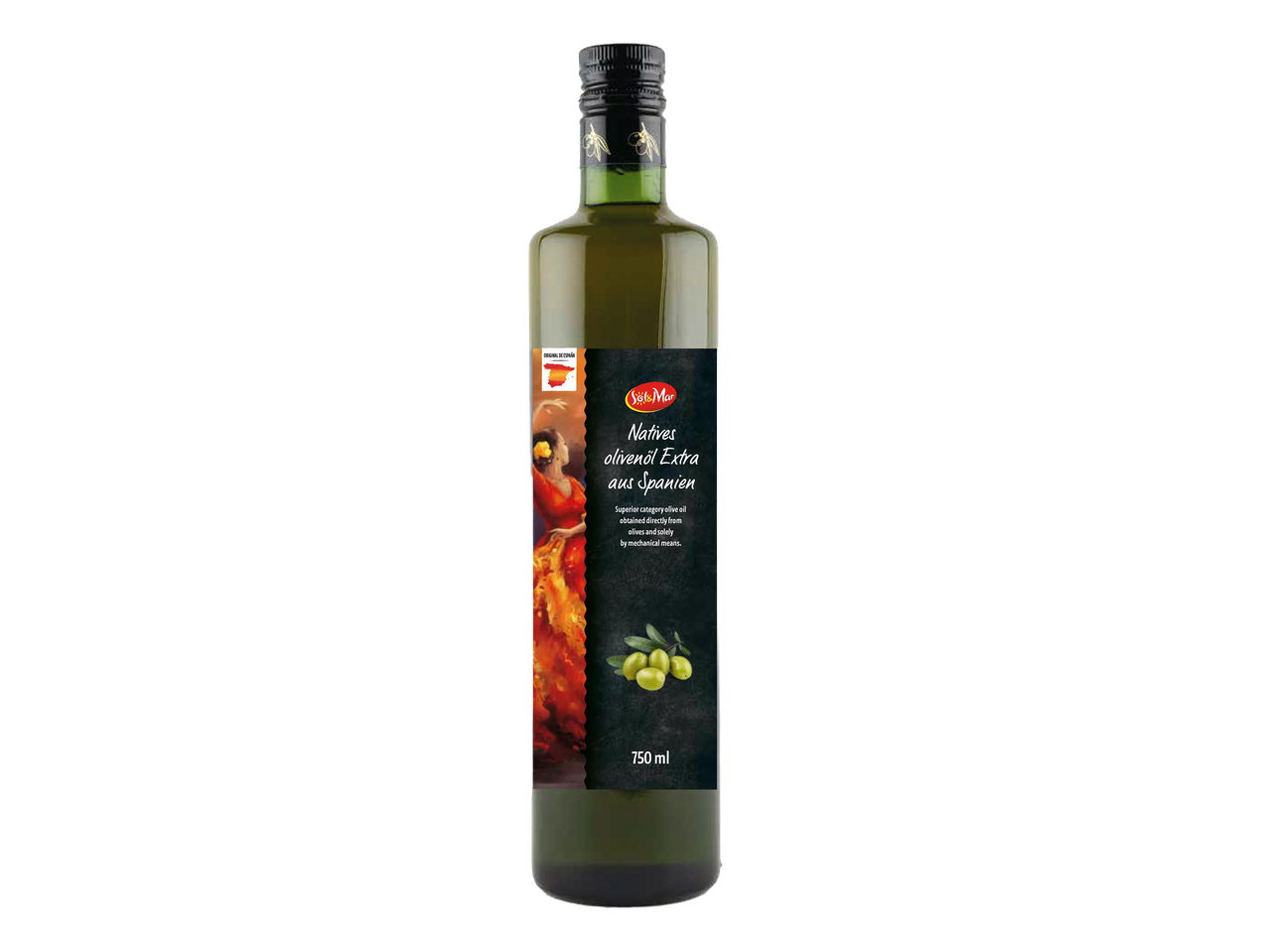 Spanyol extra szűz olívaolaj 750 ml-es üvegben, spanyol táncosnővel és olajbogyókkal díszítve.