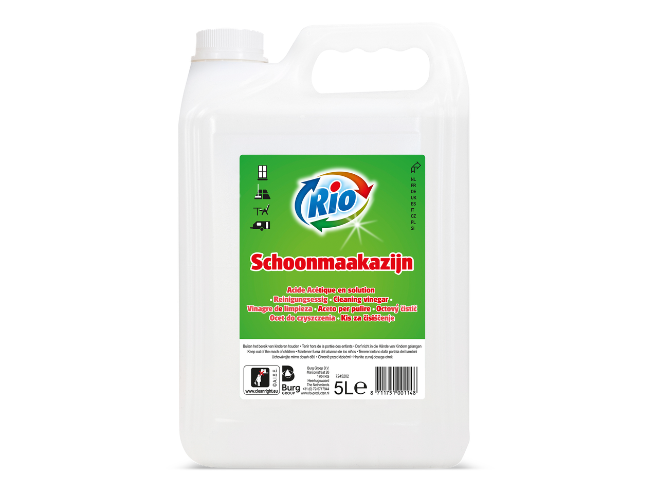 Een fles schoonmaakazijn van 5 liter.
