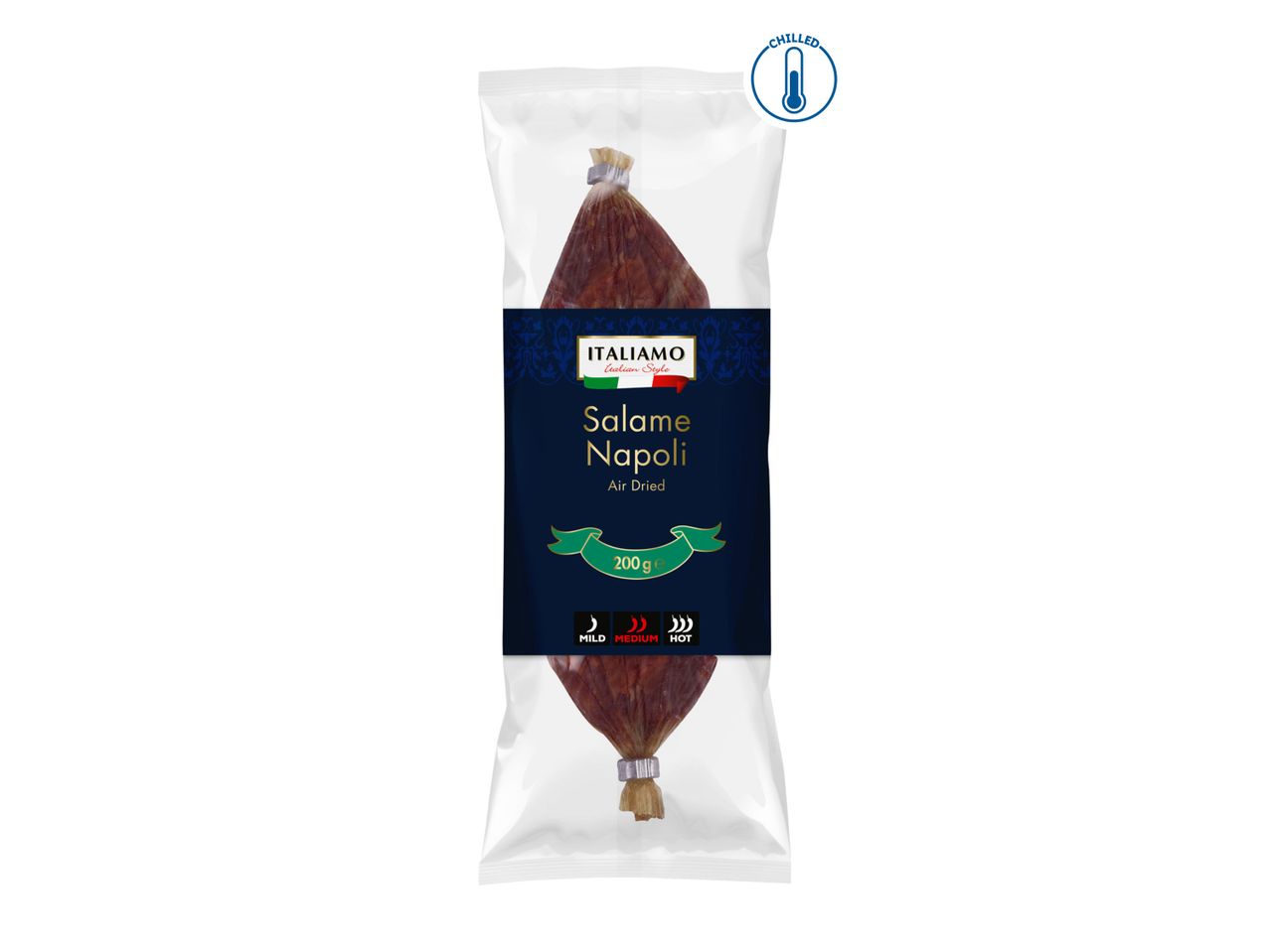 A packaged Salame Napoli (air-dried salami) from the brand ITALIAMO, indicating medium spice.