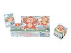 Children's wooden block puzzle featuring monkeys and an elephant in a jungle scene.