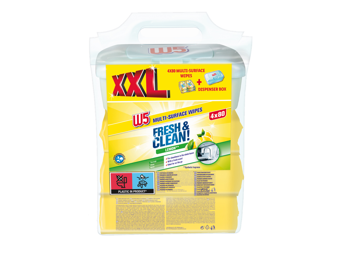 W5 XXL daudzvirsmu salvetes ar dozatoru citronu aromātā.