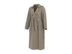 Beige double-breasted trench coat with a tie belt and brown buttons.