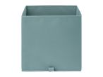 A teal fabric storage box with a small loop handle at the bottom.