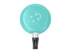 Underside of a turquoise frying pan with various cooking hob compatibility symbols and text.