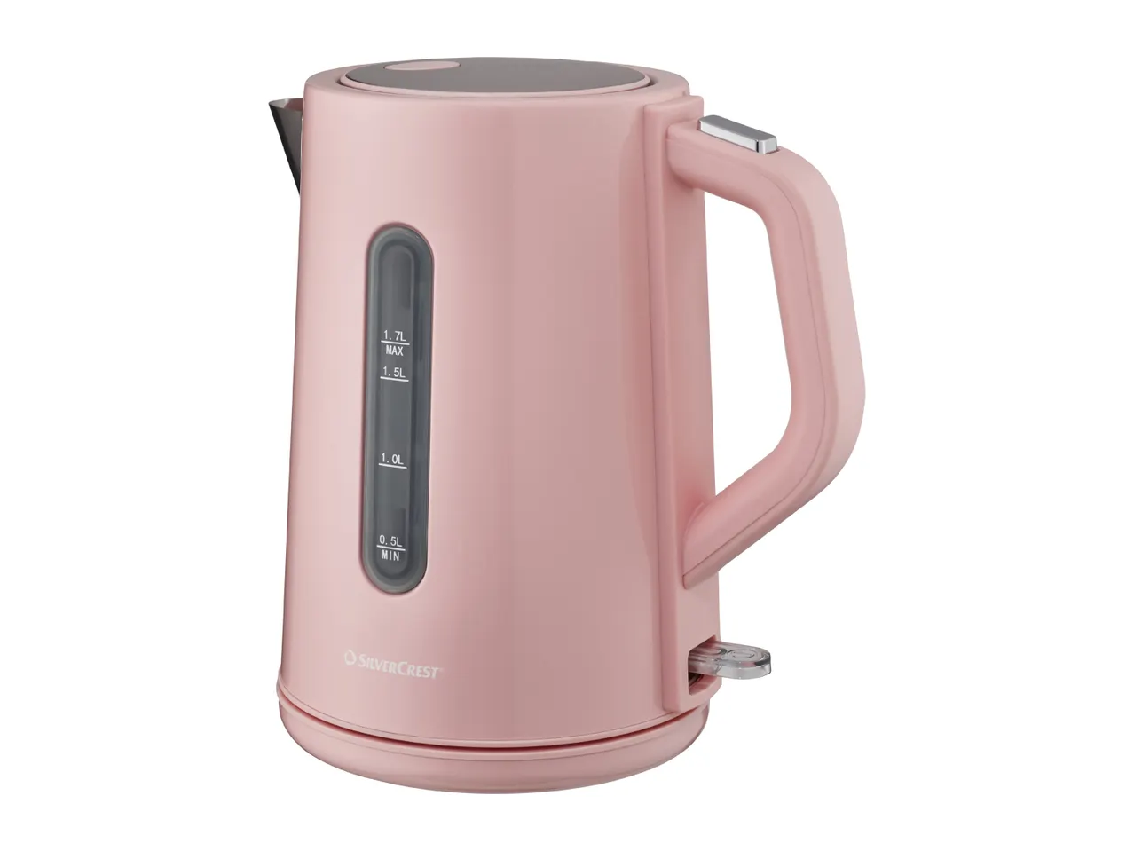 Pink electric kettle with a water level indicator showing measurements from 0.5L to 1.7L.