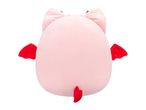 Pink plush toy with red wings and tail, viewed from the back