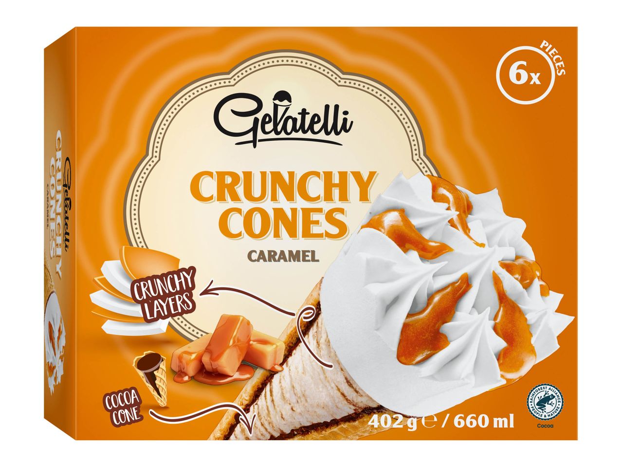 Boîte de 6 cornets glacés Gelatelli saveur caramel, avec couches croustillantes.