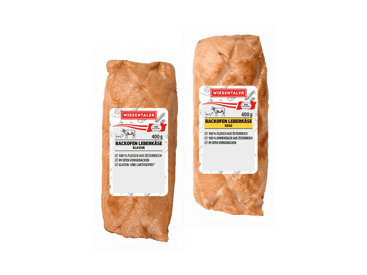 Zwei Packungen Wiesentaler Backofen Leberkäse, Klassik und Käse, 400g
