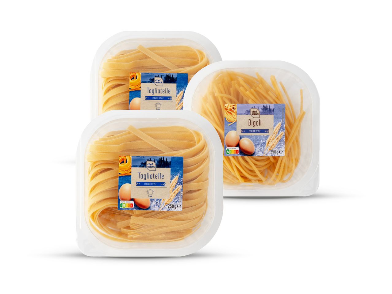 Chef Select tjestenina: tagliatelle i bigoli u plastičnim pakiranjima.