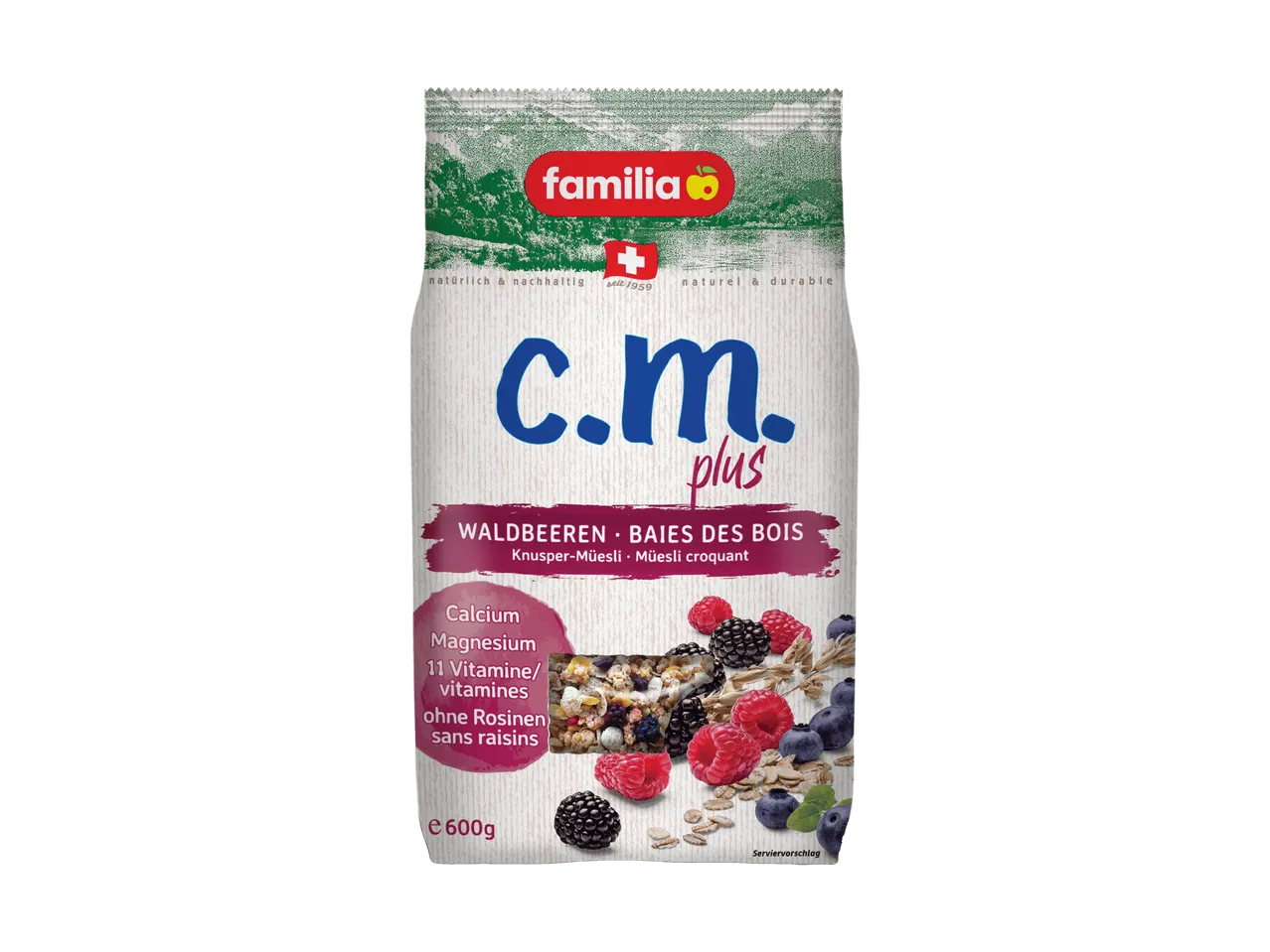 Packung Knusper-Müsli Walnussbeeren, mit Kalzium, Magnesium und 11 Vitaminen.