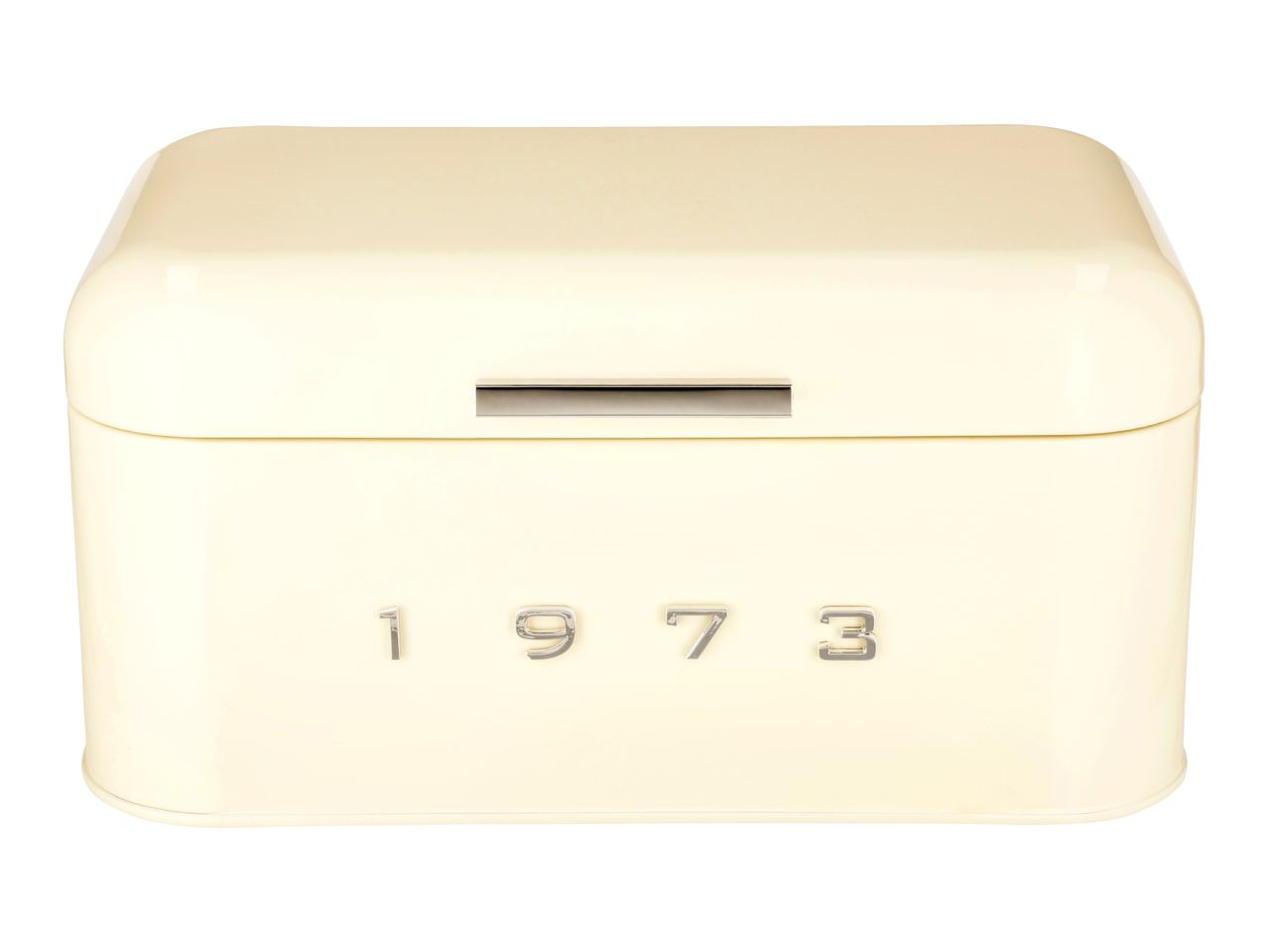 Cream retro-style bread bin with the year 1973 on the front