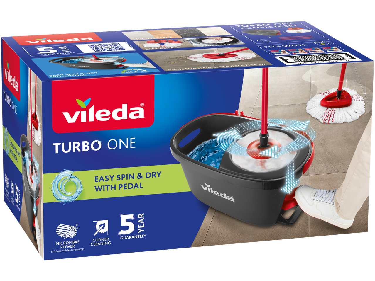 Conjunto de esfregona Vileda Turbo One com pedal e poder de microfibra.