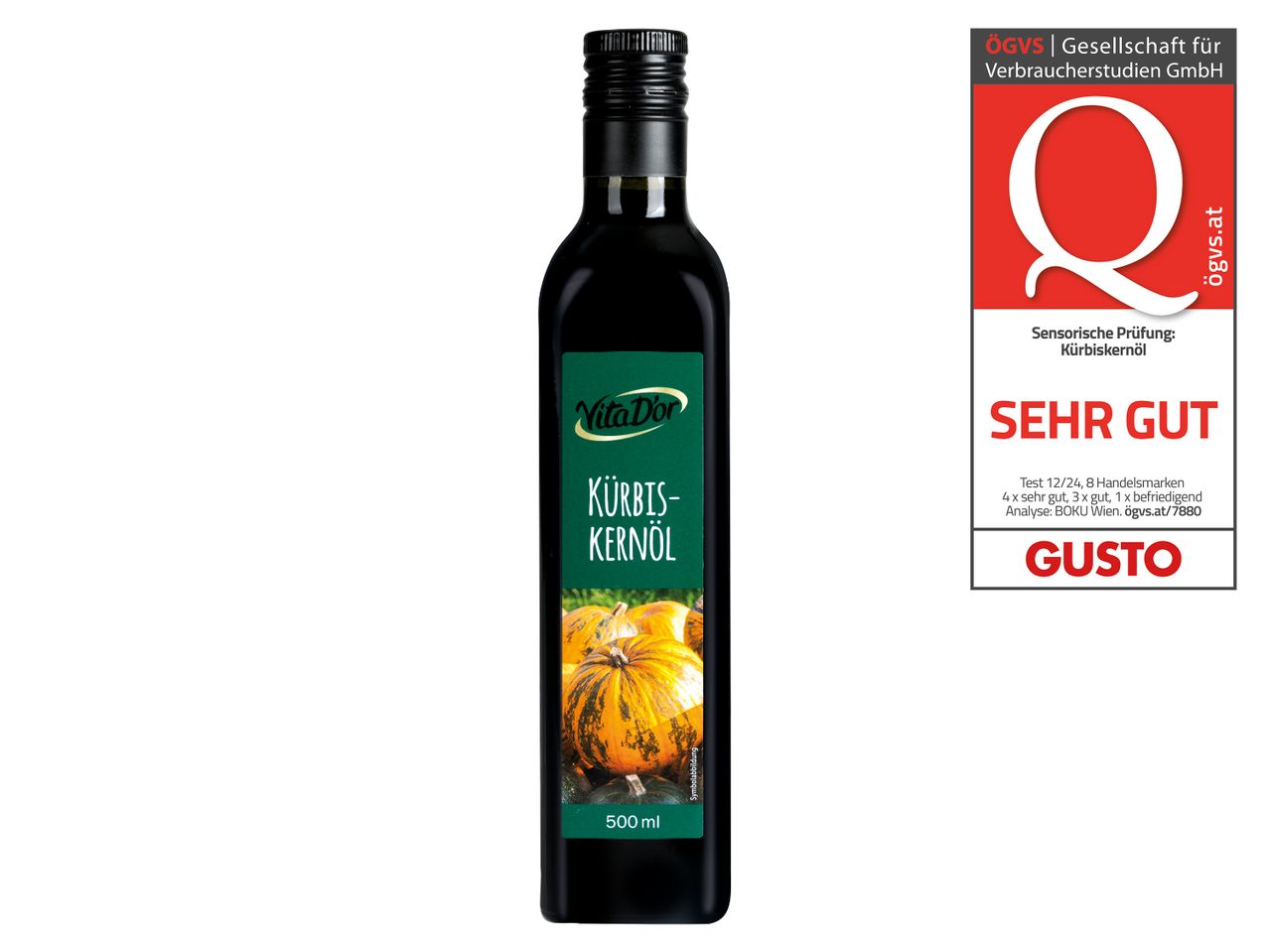 Vita D'Or Kürbiskernöl, hohe Qualität, 500 ml Flasche.