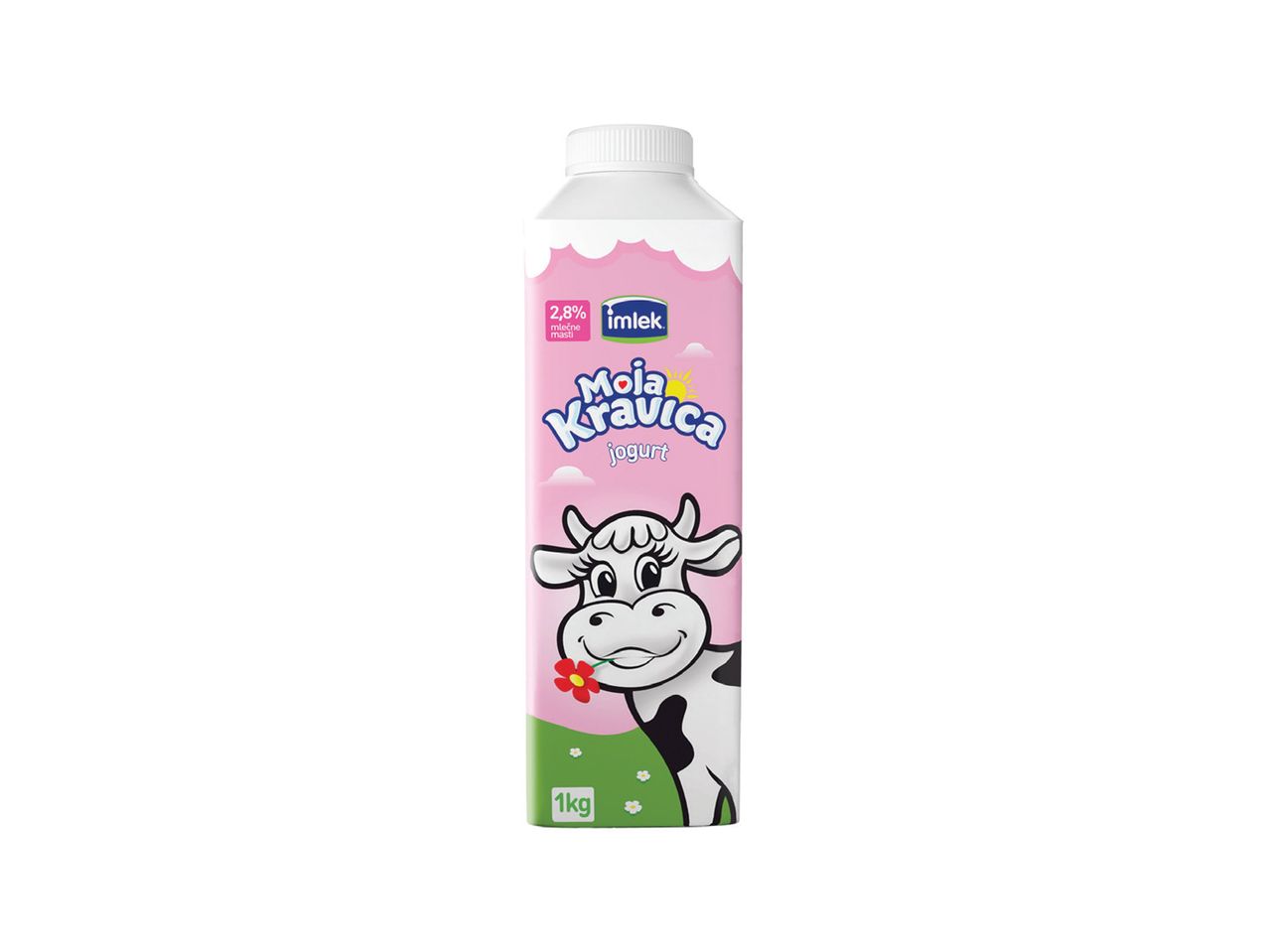 Imlek Moja Kravica jogurt, 2,8% mlečne masti, 1kg pakovanje sa ilustracijom krave.
