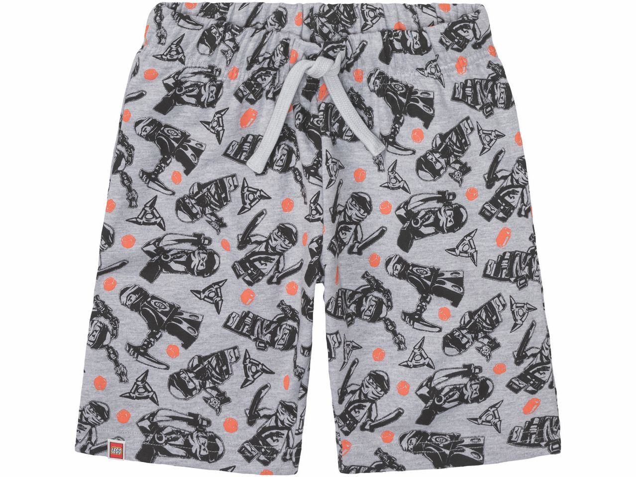 Pantaloncini grigi con stampa Lego Ninjago e lacci bianchi.