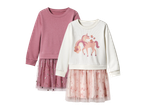 Dvije dječje haljine dugih rukava s til suknjom, jedna ružičasta sa šljokicama, druga bijela s jednorogom.