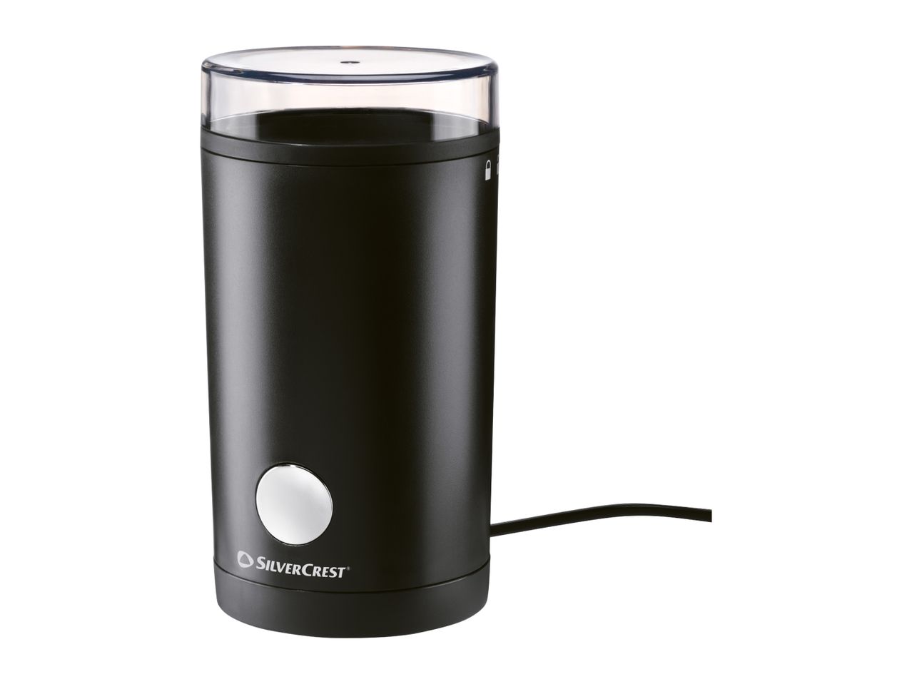 Black electric coffee grinder with a clear lid and a silver button