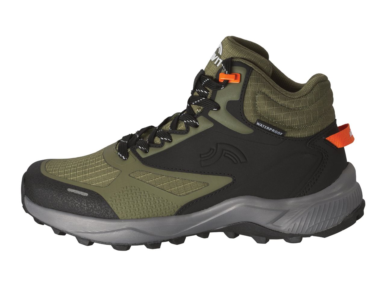 A Gravity Defyer hiking boot in olive green and black, featuring waterproof construction.