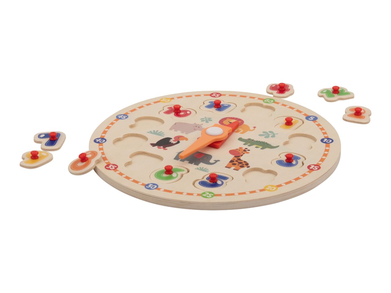 Wooden clock puzzle with animal illustrations and numbered pieces, some removed.