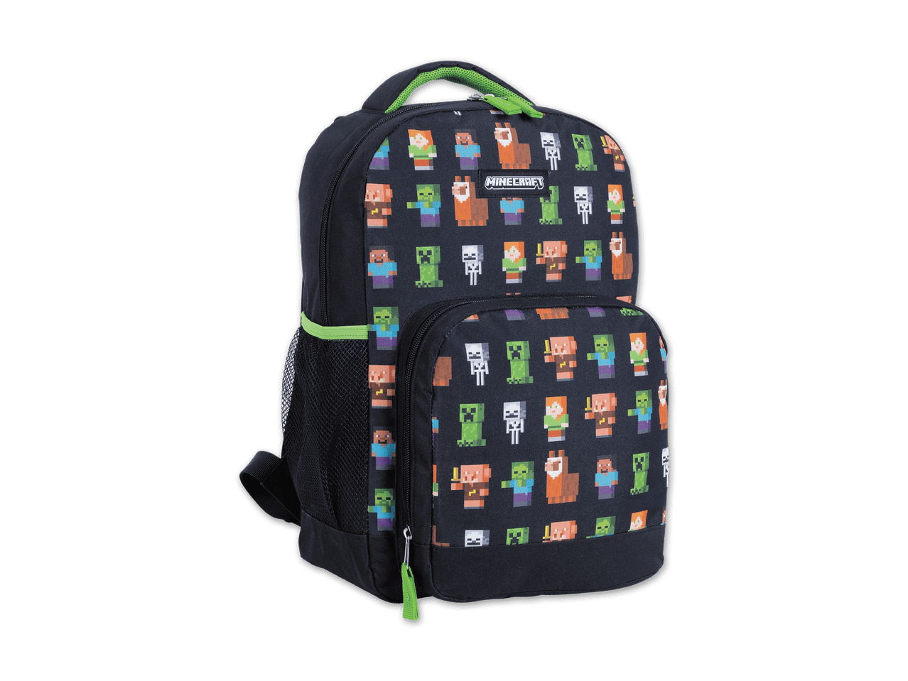 Ein Minecraft-Rucksack mit verschiedenen Pixel-Charakteren.