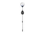 Solar-powered garden stake light with a speckled glass globe and a black solar panel.