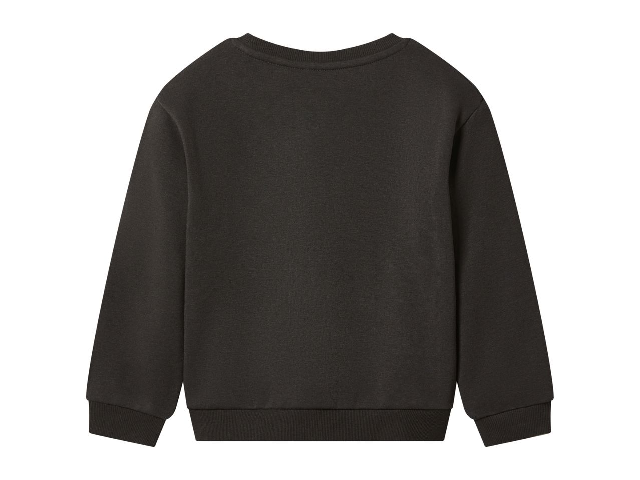 Back view of a plain dark grey children's sweatshirt with ribbed cuffs and hem.