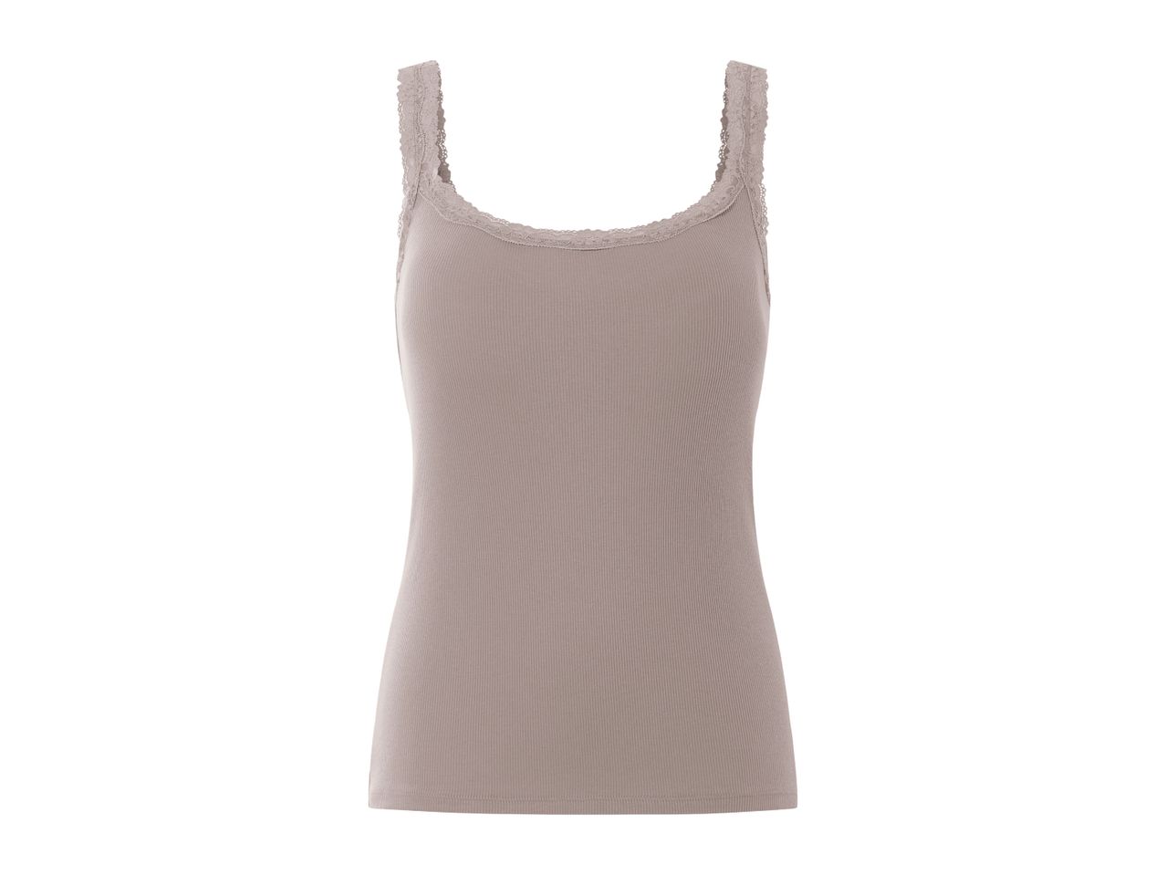 A taupe ribbed tank top with lace trim neckline.