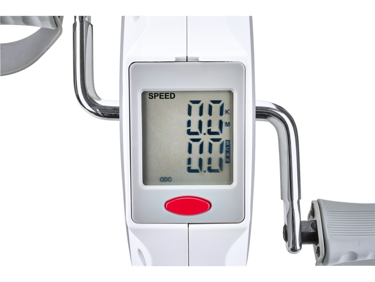 Ecrã digital de uma mini bicicleta de exercício branca com exibição de velocidade e odómetro.
