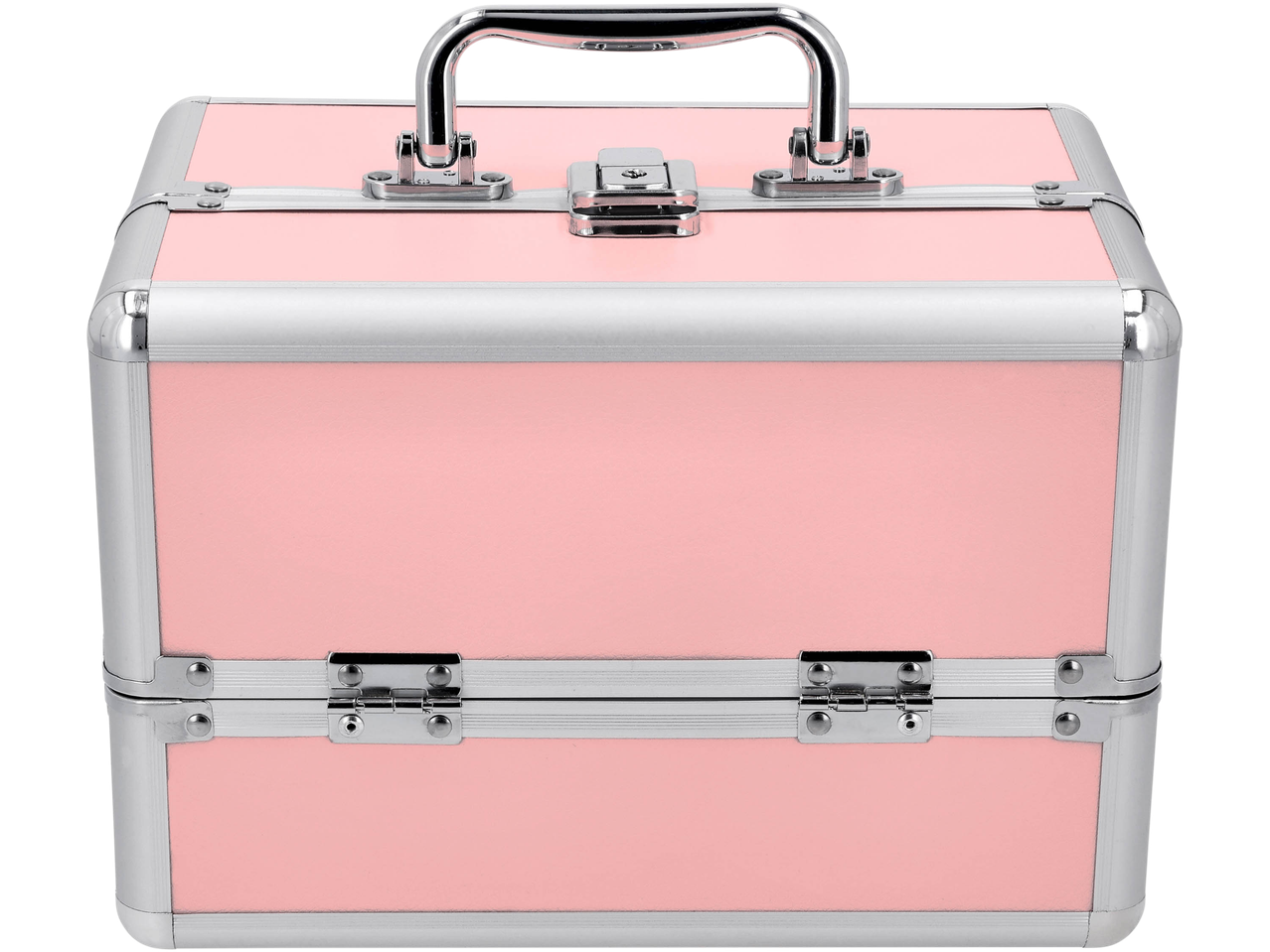 Pink makeup or cosmetic case with silver trim, handle, and latches.
