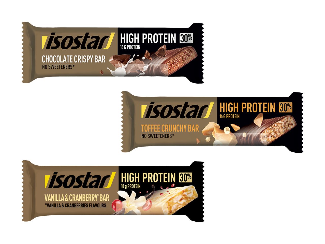 Trois barres protéinées Isostar : chocolat, caramel et vanille-canneberge.
