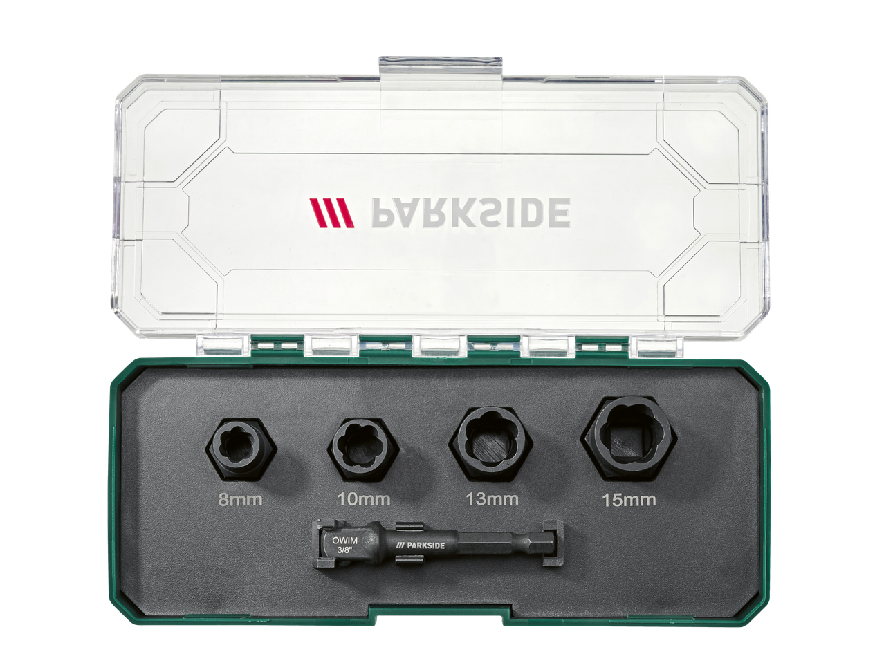 Parkside skrūvju ekstraktoru komplekts ar 8, 10, 13 un 15 mm izmēriem un adapteri.