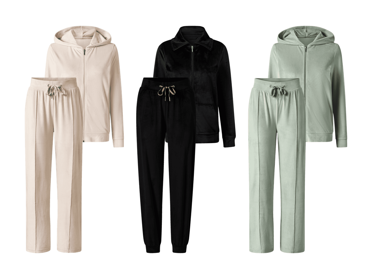 Drei Samt-Trainingsanzüge in Beige, Schwarz und Mintgrün.
