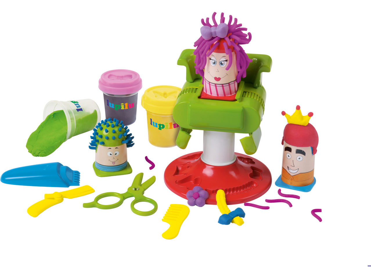 Lupilu kirpyklos rinkinys su plastilinu, personažų kėdėmis ir modeliavimo įrankiais.
