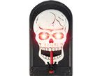 Halloween skull doorbell with glowing red eyes and a spider on the tongue