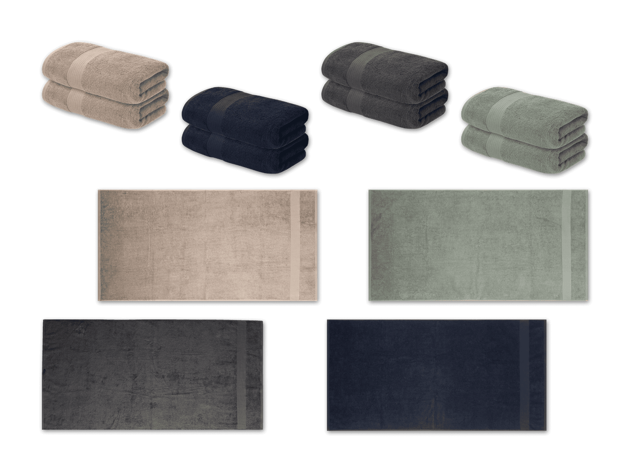 Vier Stapel gefalteter Handtücher und vier ausgebreitete Handtücher in verschiedenen Farben.